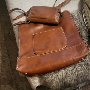 Patricia Nash carmel brown leather tote and wallet